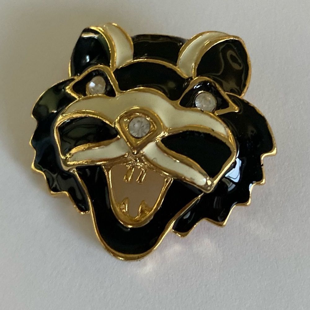 Vintage Signed Gerry's Black White Enamel Rhinestone Tiger Cat Brooch Pin